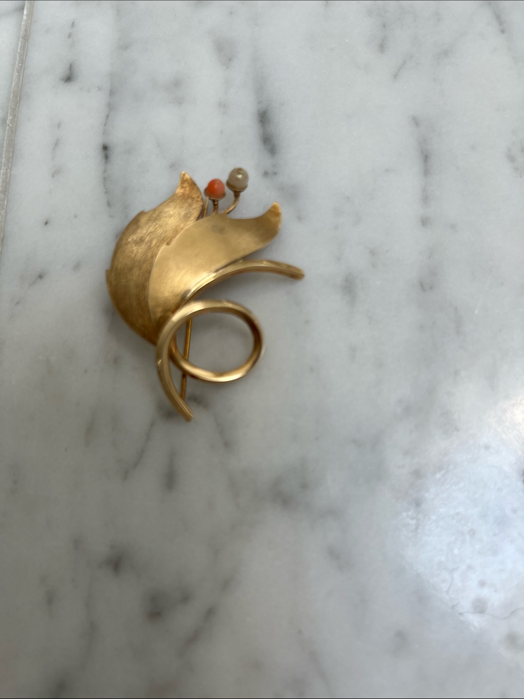 Sterling Silver 925 Gold-Tone Brooch With Coral And Pearl - Women's Jewelry